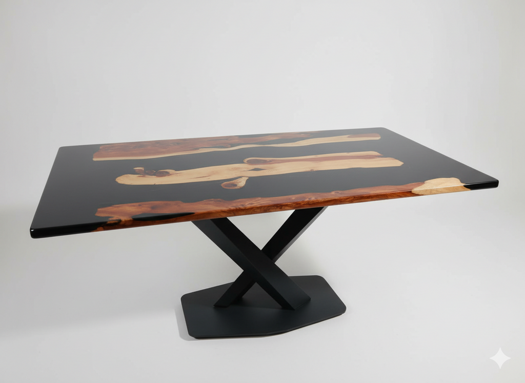 Ébano Dorado   Mesa con resina epoxi negra y madera natural de nogal