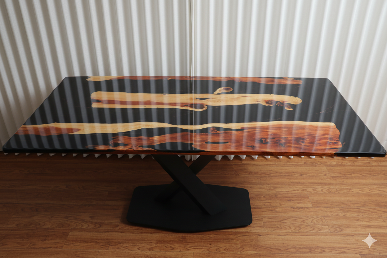 Ébano Dorado   Mesa con resina epoxi negra y madera natural de nogal