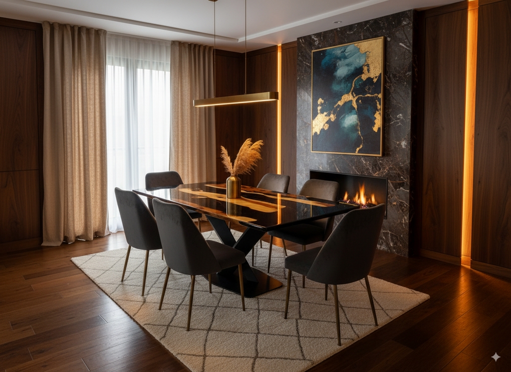 Ébano Dorado   Mesa con resina epoxi negra y madera natural de nogal