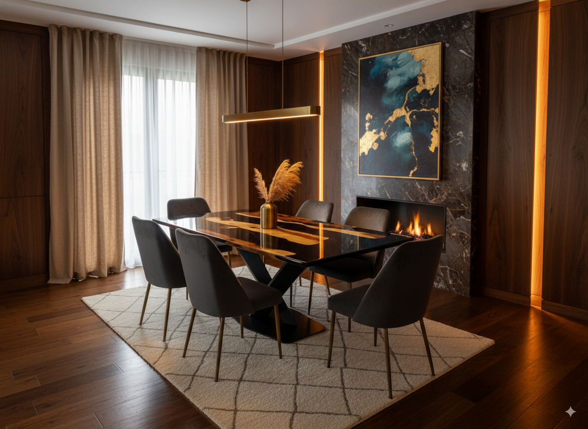 Ébano Dorado   Mesa con resina epoxi negra y madera natural de nogal