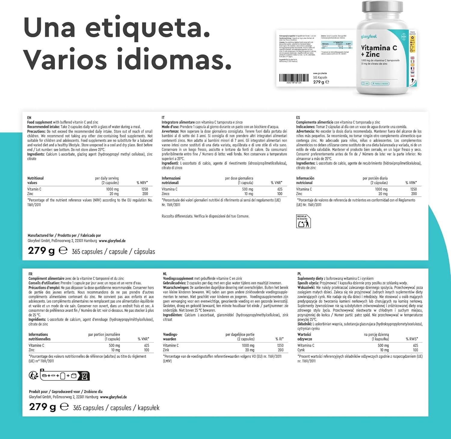 Vitamina C + Zinc - 365 Cápsulas - 1000Mg Vitamina C + 20Mg Zinc - Apoya El Sistema Inmunológico Y Reducen La Fatiga - Vitamina C Tamponada Con Protección Gástrica Y Ph Neutro - 100% Vegano