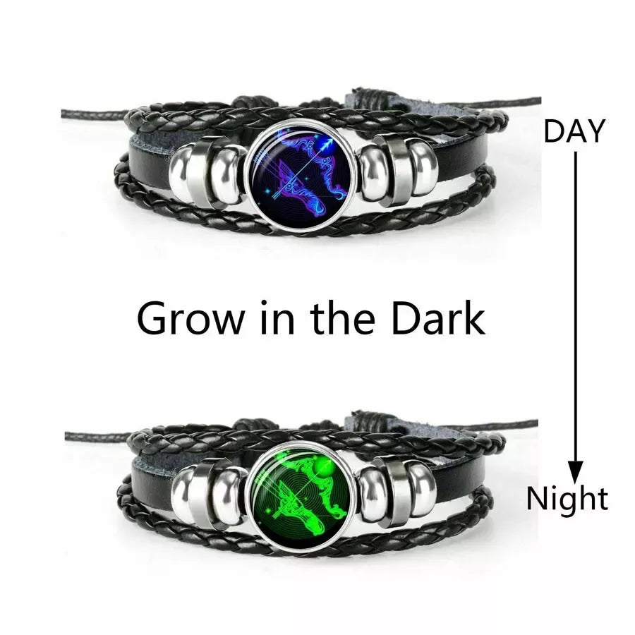 Luminous 12 Zodiac Constellation Sign Braided Couples Leather Bracelet for Men Black Rope Charm Party Grow in the Dark Jewelry