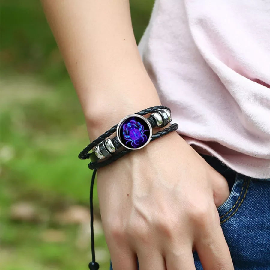 Luminous 12 Zodiac Constellation Sign Braided Couples Leather Bracelet for Men Black Rope Charm Party Grow in the Dark Jewelry