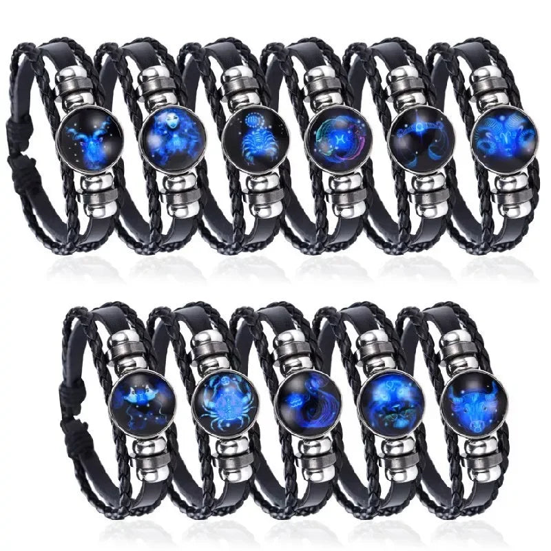 Luminous 12 Zodiac Constellation Sign Braided Couples Leather Bracelet for Men Black Rope Charm Party Grow in the Dark Jewelry