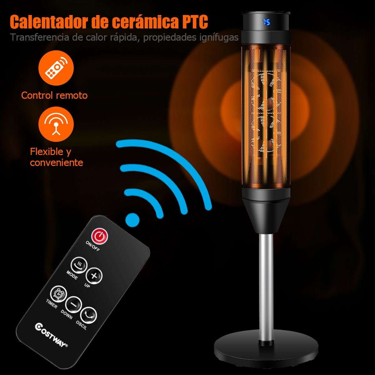 Calefactor De Torre De Cerámica Con Mando Termostato Regulable Y Temporizador Para Casa Y Oficina 28 X 28 X 86 Cm