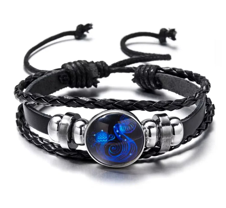 Luminous 12 Zodiac Constellation Sign Braided Couples Leather Bracelet for Men Black Rope Charm Party Grow in the Dark Jewelry