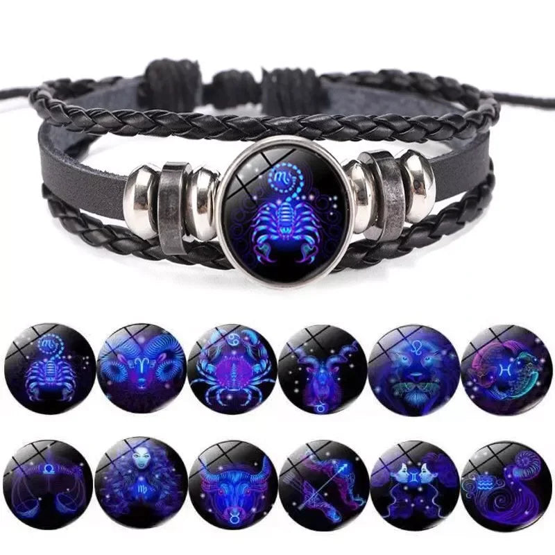 Luminous 12 Zodiac Constellation Sign Braided Couples Leather Bracelet for Men Black Rope Charm Party Grow in the Dark Jewelry