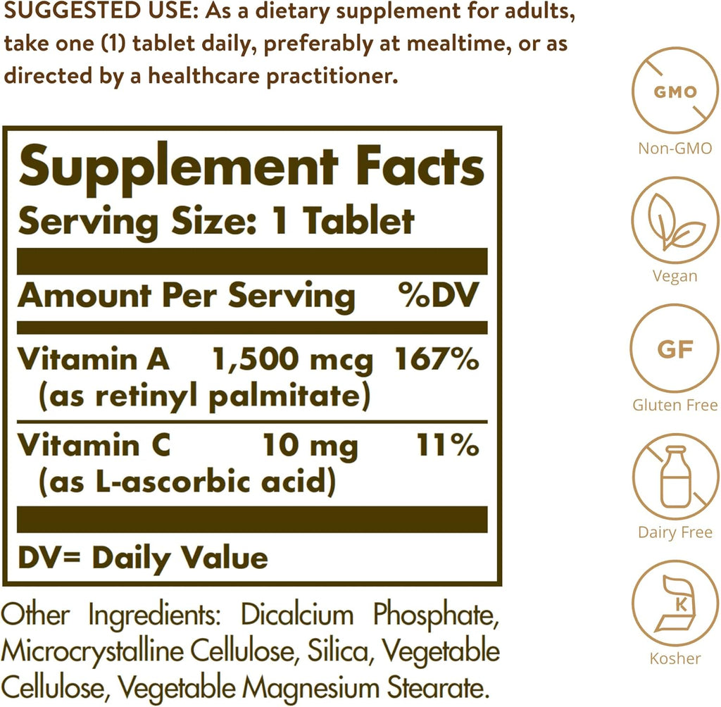Solgar Vitamina a Seca 5000 Ui Comprimidos - Envase De, Multicolor, 100 Unidad
