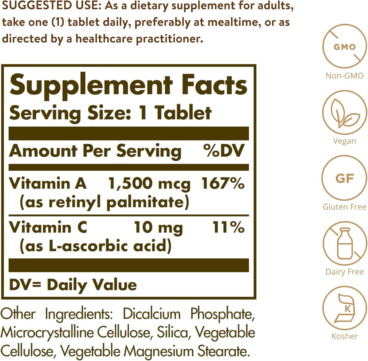 Solgar Vitamina a Seca 5000 Ui Comprimidos - Envase De, Multicolor, 100 Unidad