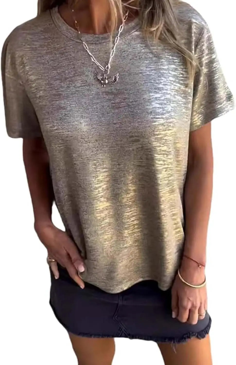Gold Foil Short-Sleeved T-Shirt, Gold Foil Short-Sleeved, Comfortable and Breathable for Women'S