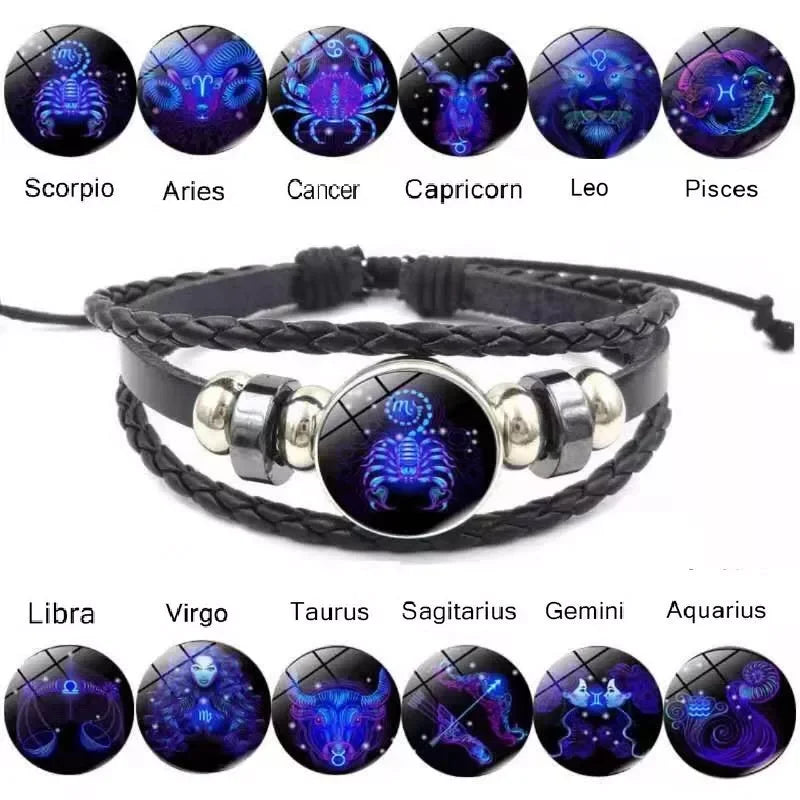 Luminous 12 Zodiac Constellation Sign Braided Couples Leather Bracelet for Men Black Rope Charm Party Grow in the Dark Jewelry