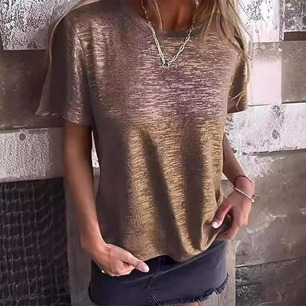 Gold Foil Short-Sleeved T-Shirt, Gold Foil Short-Sleeved, Comfortable and Breathable for Women'S