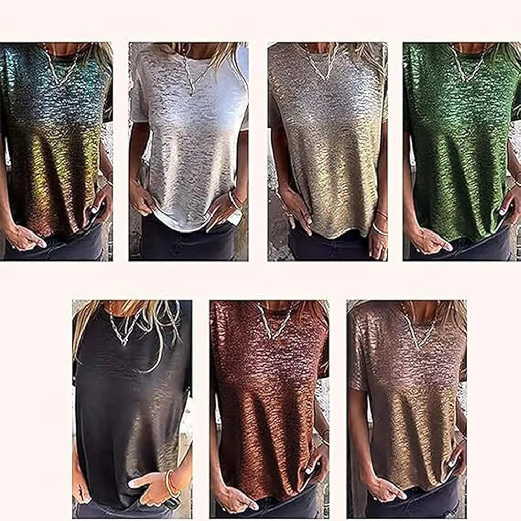 Gold Foil Short-Sleeved T-Shirt, Gold Foil Short-Sleeved, Comfortable and Breathable for Women'S