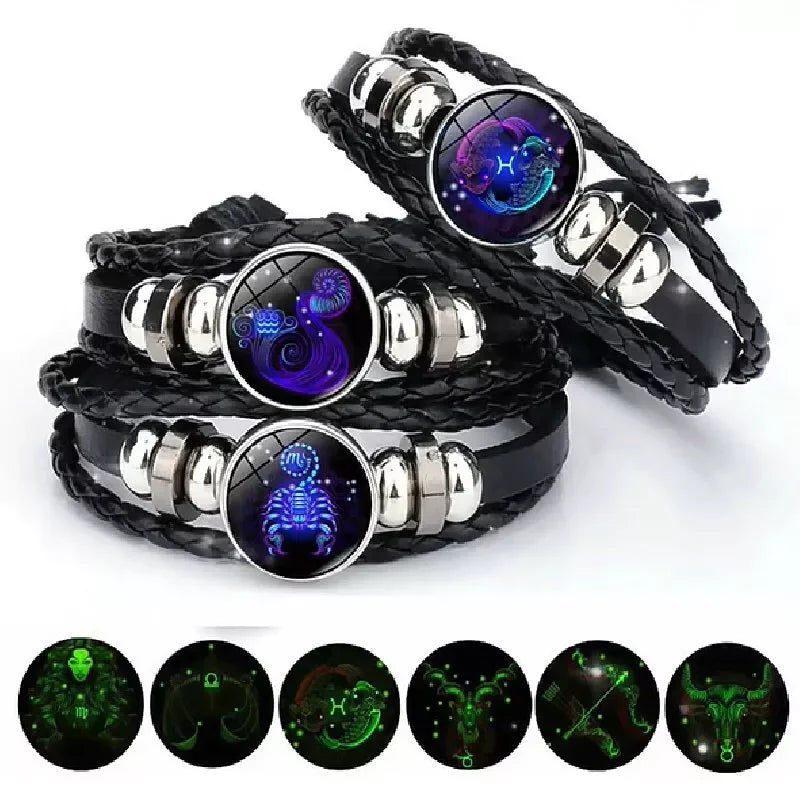 Luminous 12 Zodiac Constellation Sign Braided Couples Leather Bracelet for Men Black Rope Charm Party Grow in the Dark Jewelry